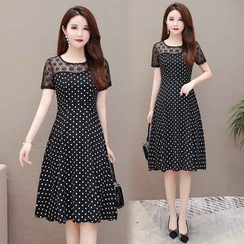 블랙 도트 레이스 반팔 라운드넥 미디 A라인원피스 빅사이즈 여름 데일리룩