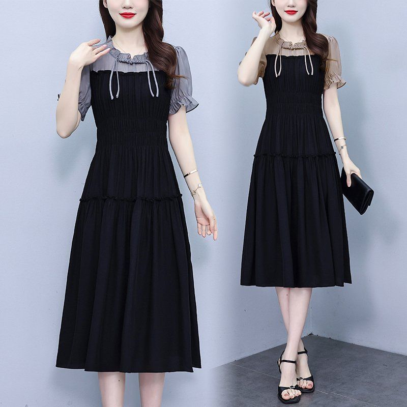 여름 여성 빅사이즈 러플넥 셔링 배색 퍼프소매 A라인 미디 롱원피스 하객룩 오피스룩 - 상품 이미지