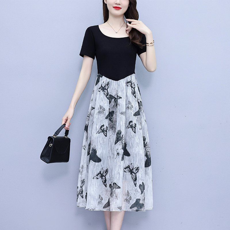 여름 여성 빅사이즈 라운드넥 반팔 A라인 미디 롱원피스 데일리 캐주얼 오피스룩 하객룩 - 상세 이미지 3