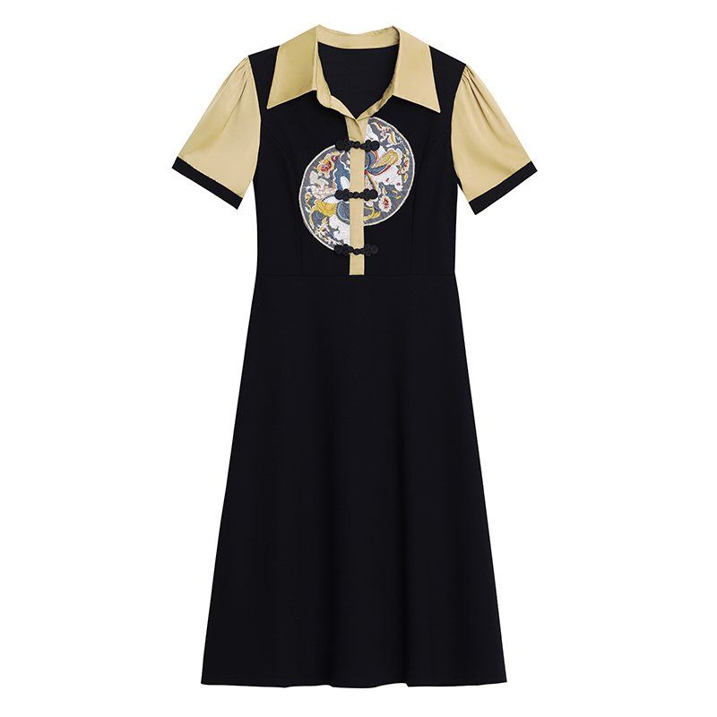 여름 여성 빅사이즈 뉴차이니스 카라 배색 자수 미디 롱원피스 단추 여밈 하객룩 오피스룩 - 상세 이미지 5