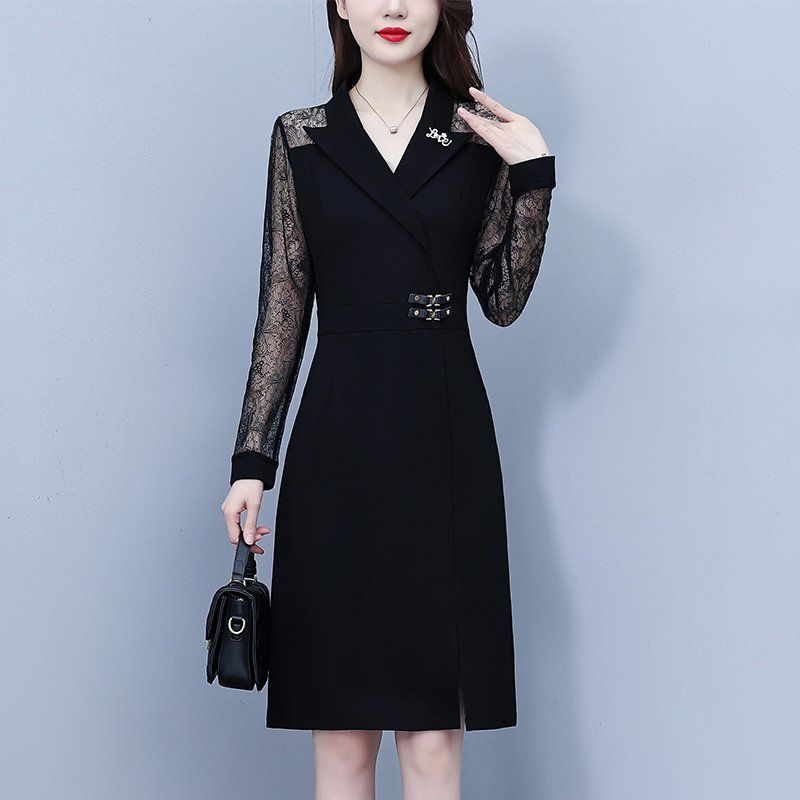 블랙 레이스 시스루긴팔 카라 미디 H라인원피스 슬림핏 빅사이즈 포켓 봄가을 하객룩 오피스룩 - 상세 이미지 3