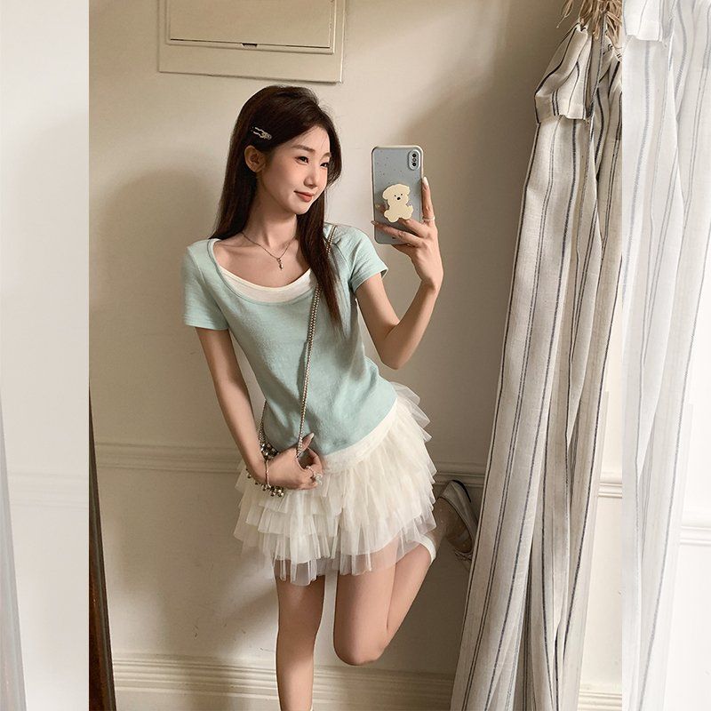 봄 여름 여성 슬림핏 U넥 페이크레이어드 골지 반팔 티셔츠 면혼방 마카롱컬러 데일리룩 - 상세 이미지 2