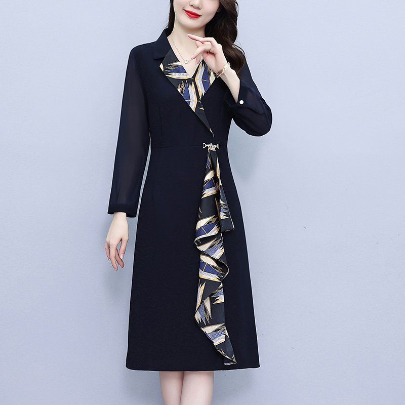 네이비 드레이프 긴팔 미디 A라인 정장카라 원피스 슬림핏 빅사이즈 우아한 봄가을 오피스룩 - 상세 이미지 3