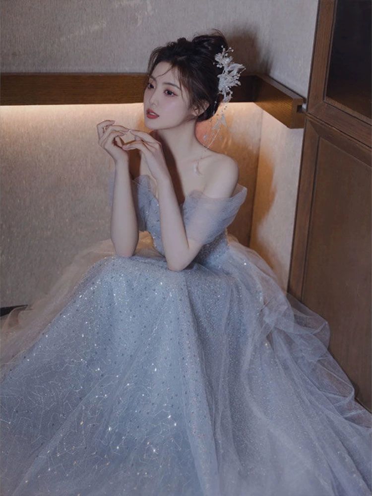 이브닝 드레스 무대의상 원피스 웨딩 성악 반짝이 콩쿨 이미지 색상 XS - 상세 이미지 4