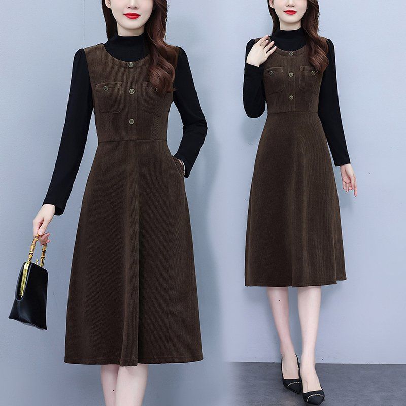 브라운 코듀로이 반목 미디 A라인원피스 포켓 슬림핏 빅사이즈 가을겨울 데일리 오피스룩 - 상품 이미지