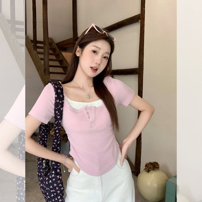 봄 여름 여성 슬림핏 페이크 레이어드 U넥 앞버튼 면혼방 반팔티 데일리룩 - 상세 이미지 3