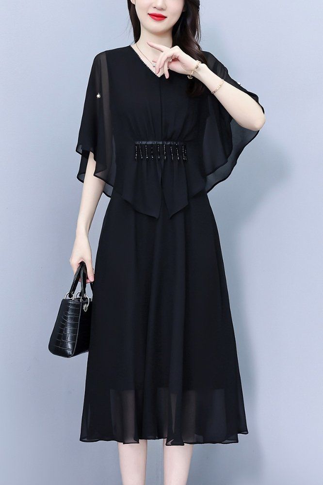 블랙 비즈 케이프 미디 A라인 쉬폰원피스 라운드넥 빅사이즈 여름 우아한 데일리 오피스룩 - 상세 이미지 5