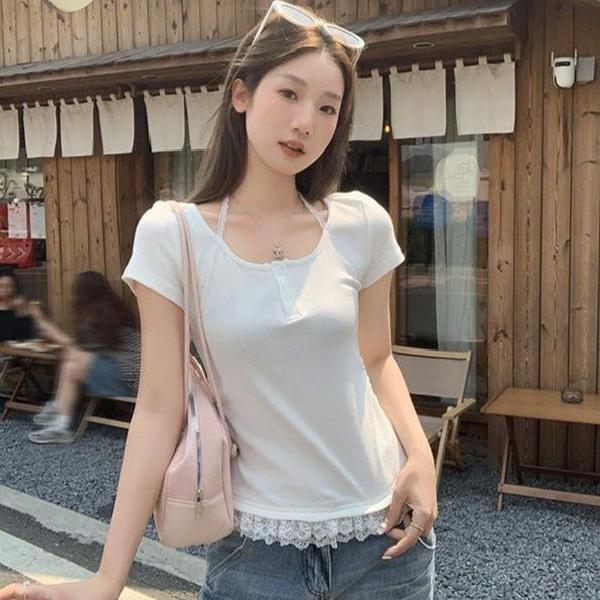 레이스 U넥 반팔 골지 티셔츠 슬림핏 여성 여름 데일리 이지웨어 면스판 버튼 러블리 - 상품 이미지