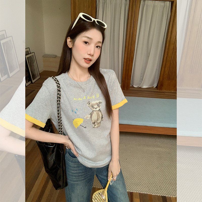봄 여름 여성 루즈핏 귀여운 곰돌이 캐릭터 프린팅 면스판 반팔 티셔츠 캐주얼룩 데일리 - 상세 이미지 3