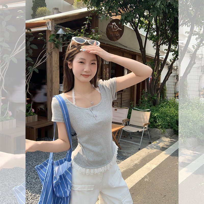 레이스 U넥 반팔 골지 티셔츠 슬림핏 여성 여름 데일리 이지웨어 면스판 버튼 러블리 - 상세 이미지 4
