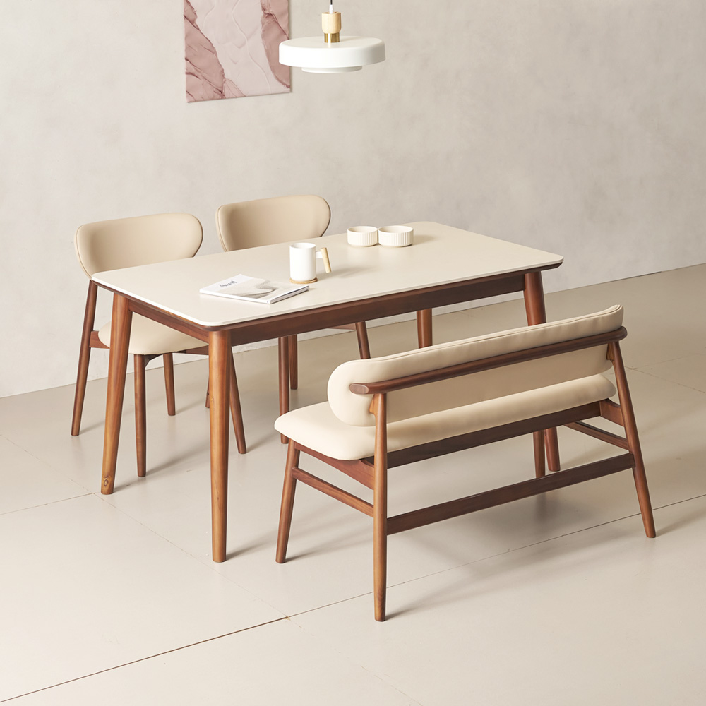 마드리 4인용 원목 세라믹식탁 테이블 세트 포세린 상판 식탁+의자2+벤치1, 1400mm, 월넛