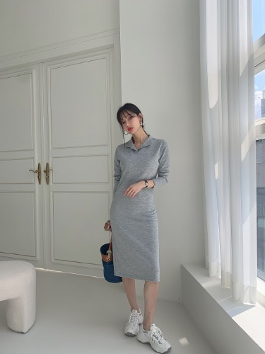 폼나나 Pomnana 슬림핏 무지 기본 긴팔 기본카라롱 봄 가을 원피스 - 상품 이미지