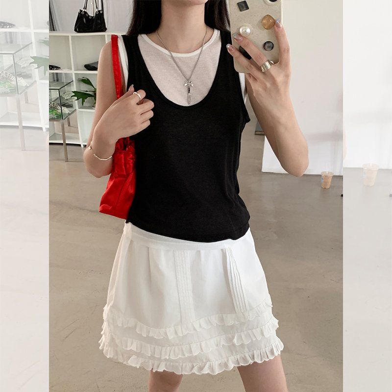 봄 여름 여성 루즈핏 U넥 페이크레이어드 민소매 나시 티셔츠 텐셀 혼방 데일리룩 캐주얼룩 - 상세 이미지 5