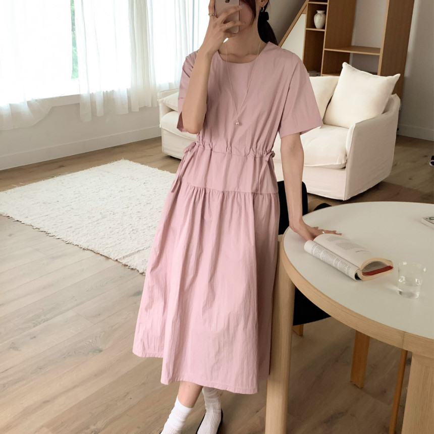 바스락 원피스 오버핏 리본 허리 스트링 여름 롱원피스 휴양지 핑크 블랙 베이지