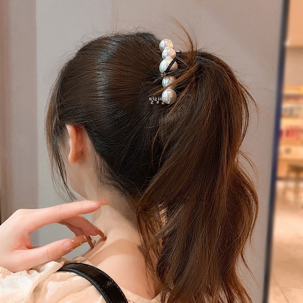 블랙 리본 진주 바나나핀 유니크 헤어핀 우아한 명품머리핀 - 상세 이미지 5