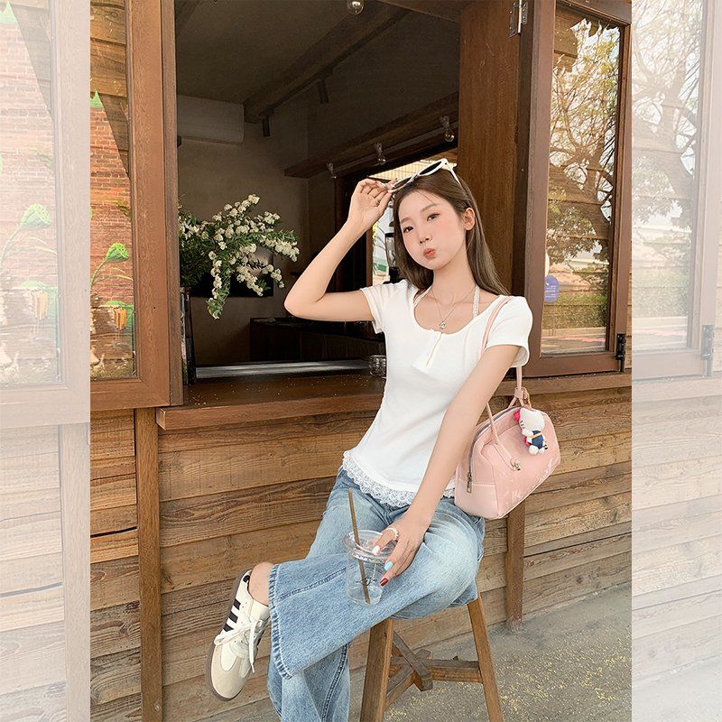 레이스 U넥 반팔 골지 티셔츠 슬림핏 여성 여름 데일리 이지웨어 면스판 버튼 러블리 - 상세 이미지 3