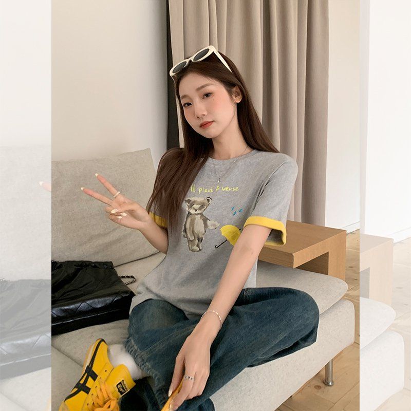 봄 여름 여성 루즈핏 귀여운 곰돌이 캐릭터 프린팅 면스판 반팔 티셔츠 캐주얼룩 데일리 - 상세 이미지 4