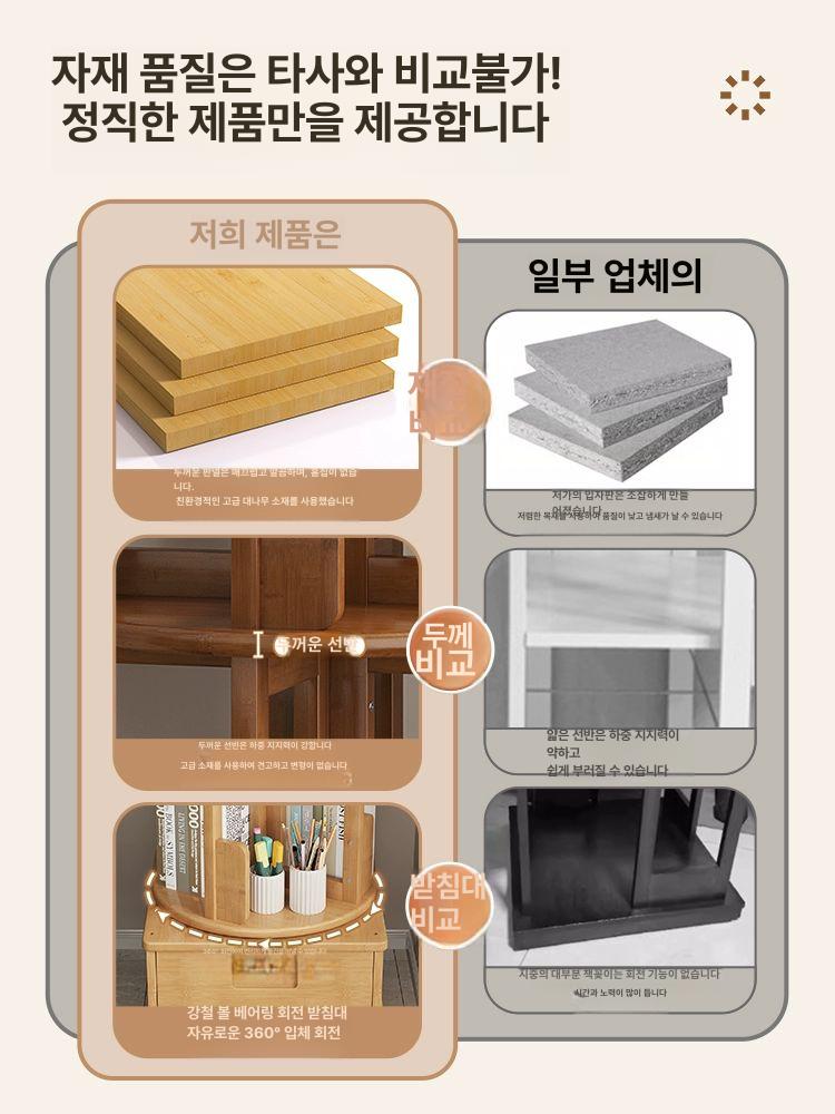 회전 책장 원목 이동식 거실 원형 책꽂이 틈새 서재 차색 2층-이동 가능-회전 수납-서랍 포함 - 상세 이미지 5