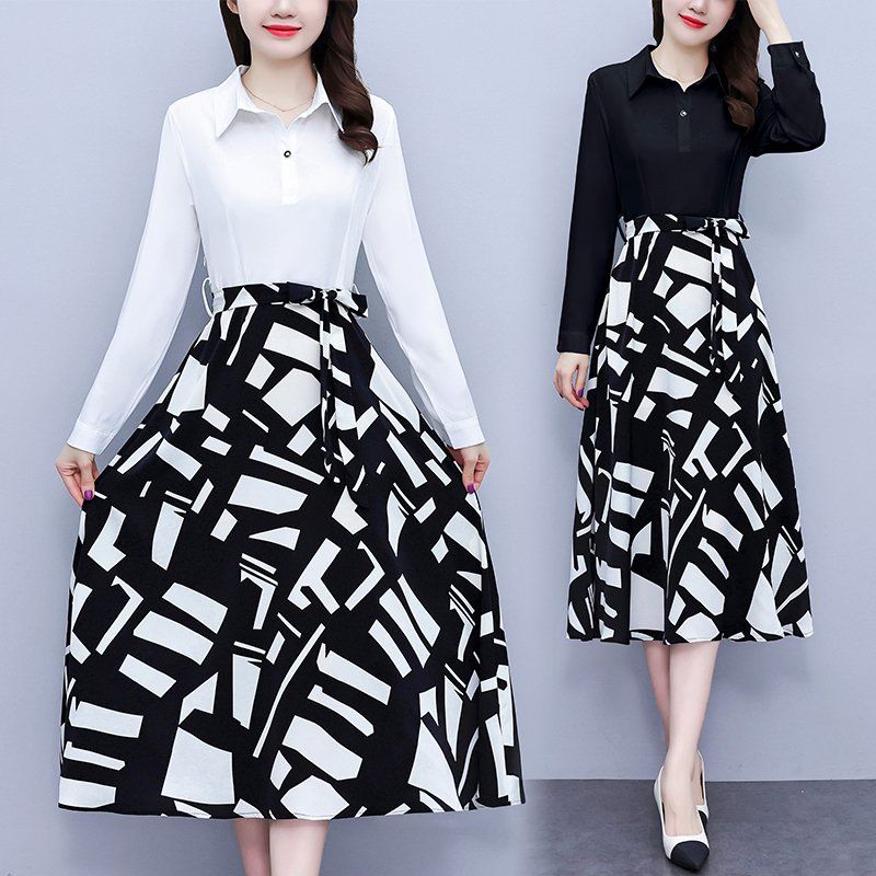 블랙 화이트 배색 셔츠카라 긴팔 프린트 미디 A라인원피스 슬림핏 빅사이즈 봄가을 오피스룩 - 상품 이미지