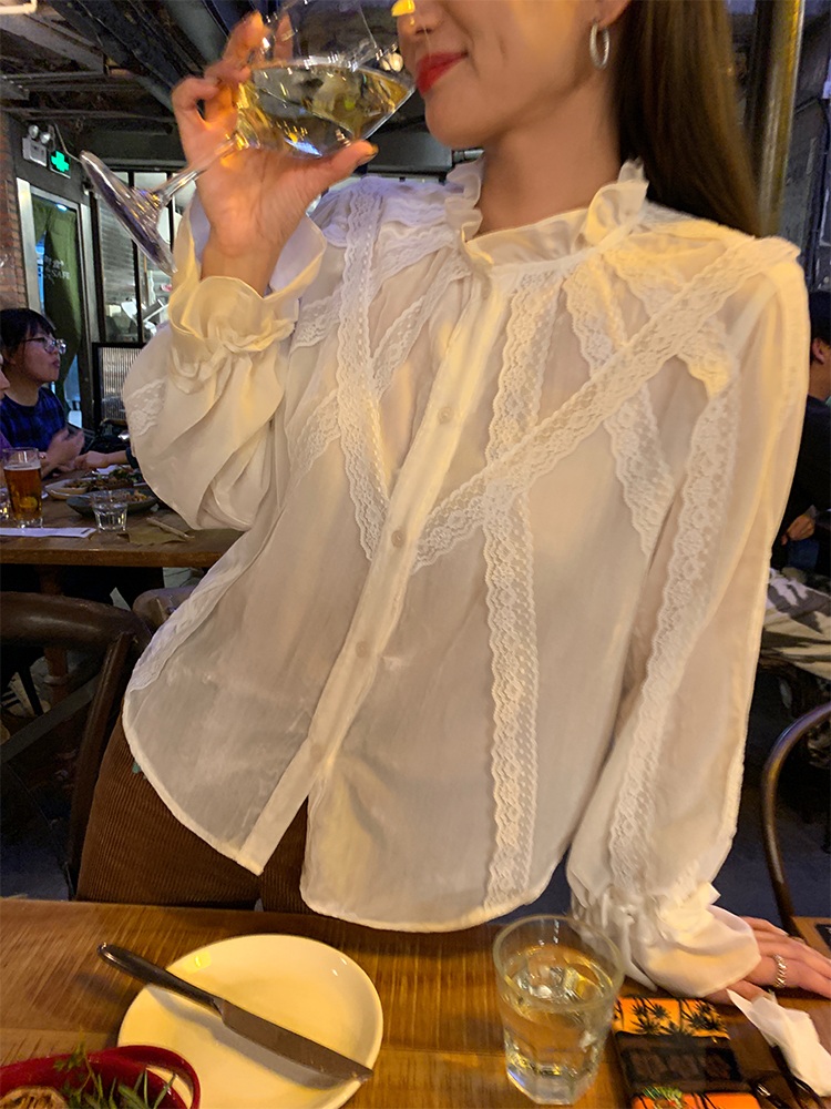 프릴넥 레이스포인트 긴팔실크블라우스 로맨틱 출퇴근 유니크 데이트 예쁜 디자인 화이트 봄여름 - 상세 이미지 3