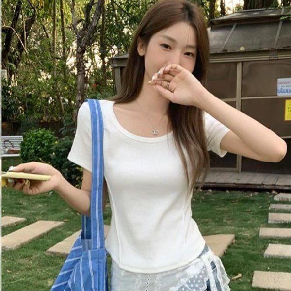 U넥 언발란스 밑단 골지 반팔 티셔츠 슬림핏 여성 여름 데일리 이지웨어 캐주얼 기본 - 상품 이미지