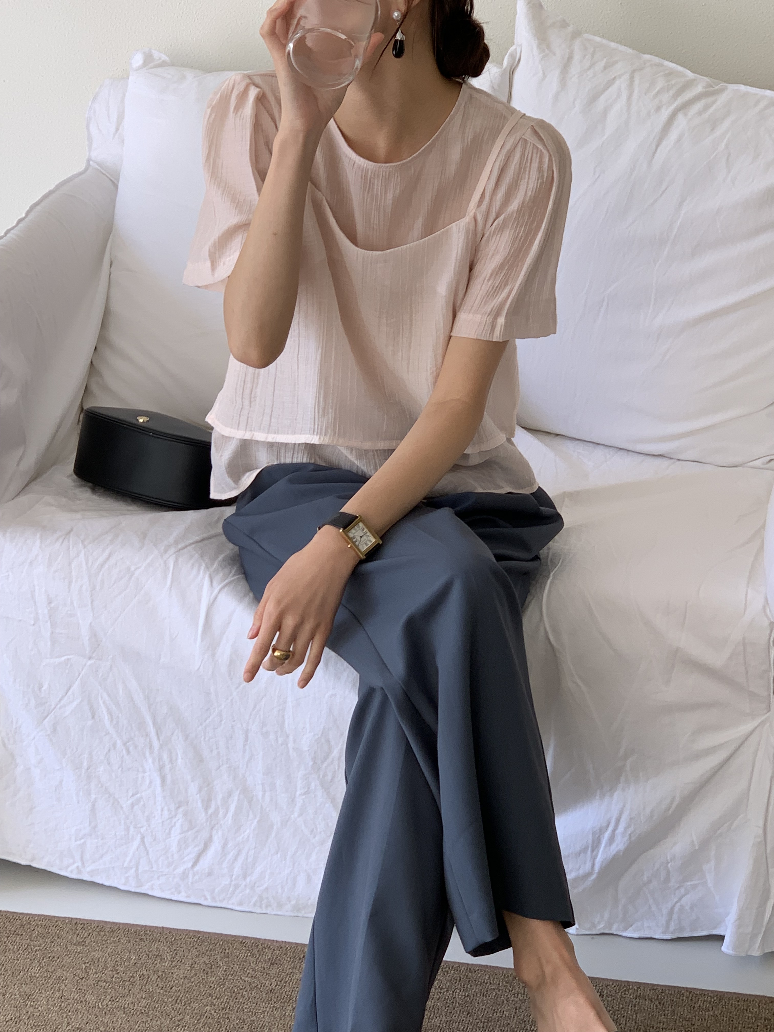 엘라이 여성 여름 라운드넥 레이어드 뷔스티에 하객룩 블라우스 세트 - 상세 이미지 3