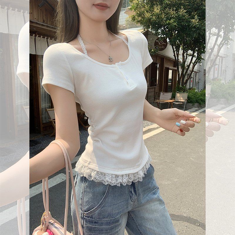 레이스 U넥 반팔 골지 티셔츠 슬림핏 여성 여름 데일리 이지웨어 면스판 버튼 러블리 - 상세 이미지 2