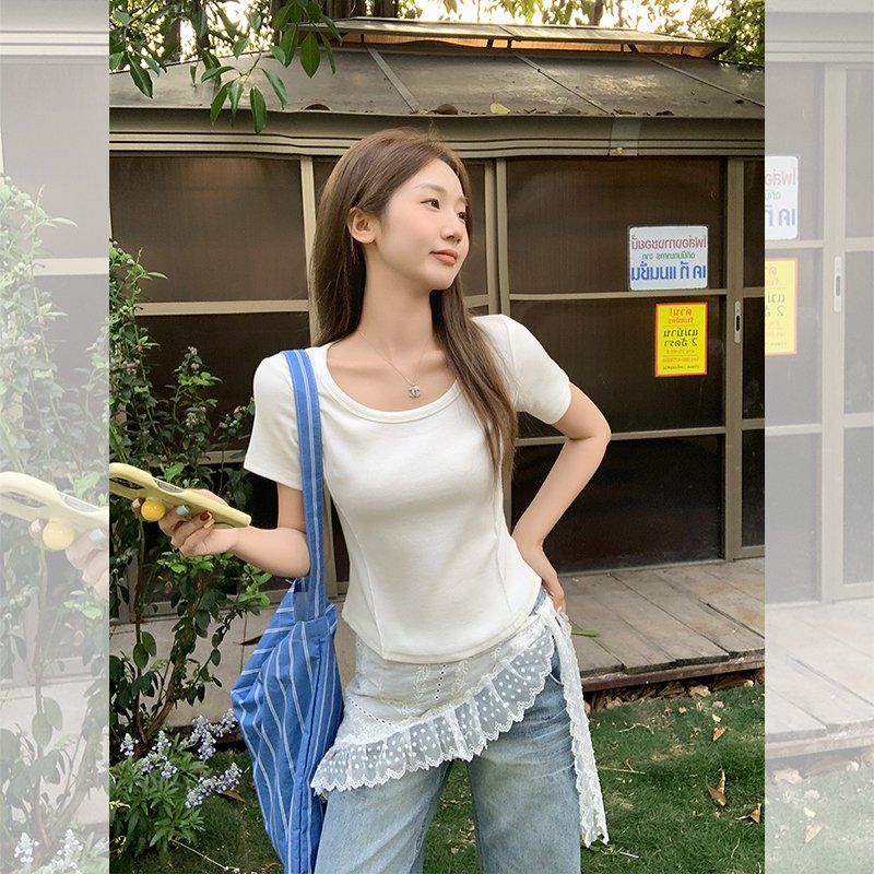 U넥 언발란스 밑단 골지 반팔 티셔츠 슬림핏 여성 여름 데일리 이지웨어 캐주얼 기본 - 상세 이미지 3