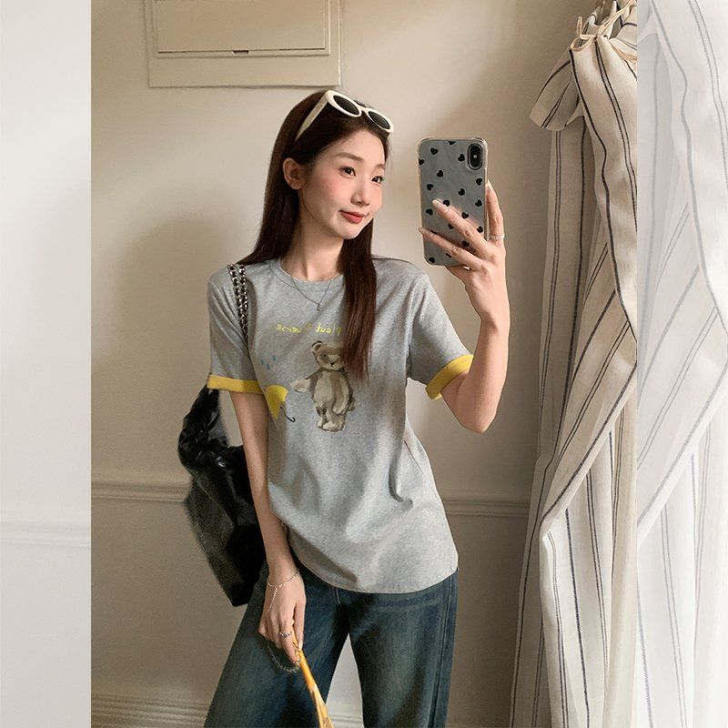 봄 여름 여성 루즈핏 귀여운 곰돌이 캐릭터 프린팅 면스판 반팔 티셔츠 캐주얼룩 데일리 - 상세 이미지 2