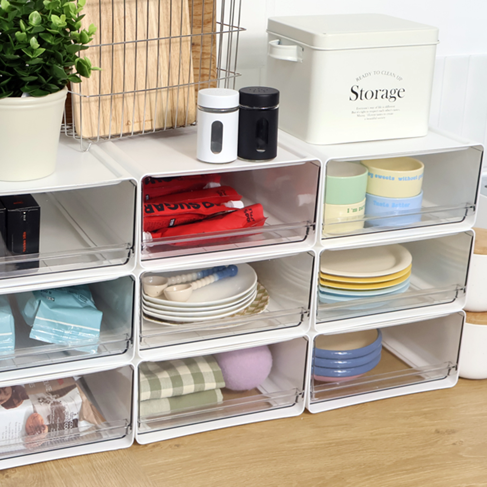 적층식 팬트리정리함 보관함 투명 수납함 약 영양제 책상 탕비실 정리 중형