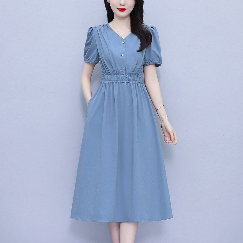 스카이블루 V넥 퍼프소매 미디 A라인원피스 밴딩허리 단추 빅사이즈 여름 데일리 오피스룩 - 상세 이미지 3