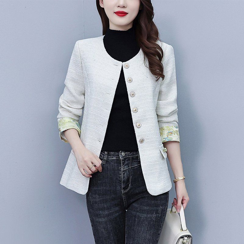 아이보리 라운드넥 트위드 숏 금장버튼 자켓 빅사이즈 봄가을 오피스룩 하객룩 - 상세 이미지 2