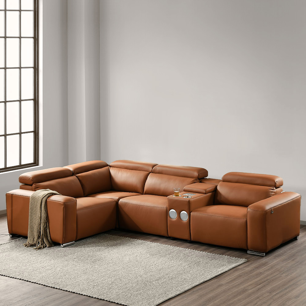 스코나 이튼스 구스 실리콘레더 가죽 컵홀더 5인 코너 제로월 전동 리클라이너 소파