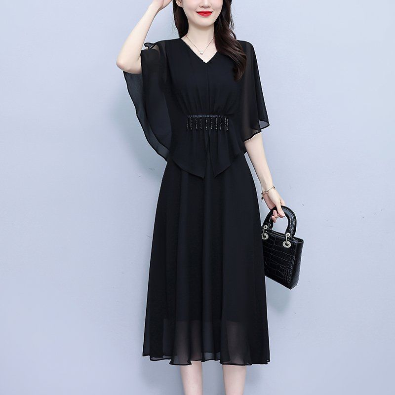 블랙 비즈 케이프 미디 A라인 쉬폰원피스 라운드넥 빅사이즈 여름 우아한 데일리 오피스룩 - 상세 이미지 4