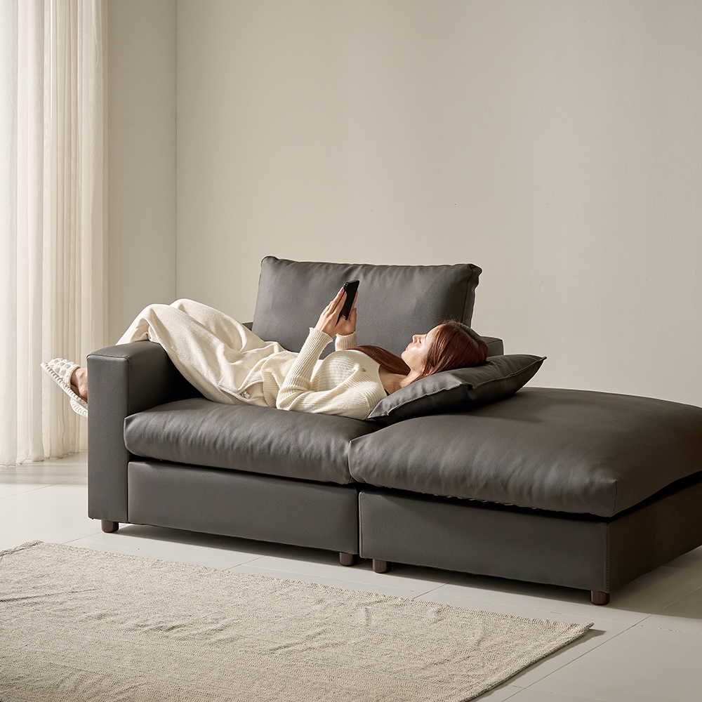 세인트블랑 컴피 구스 가죽 모듈 소파 sk 스툴포함, 다크브라운 왼팔, 2인용