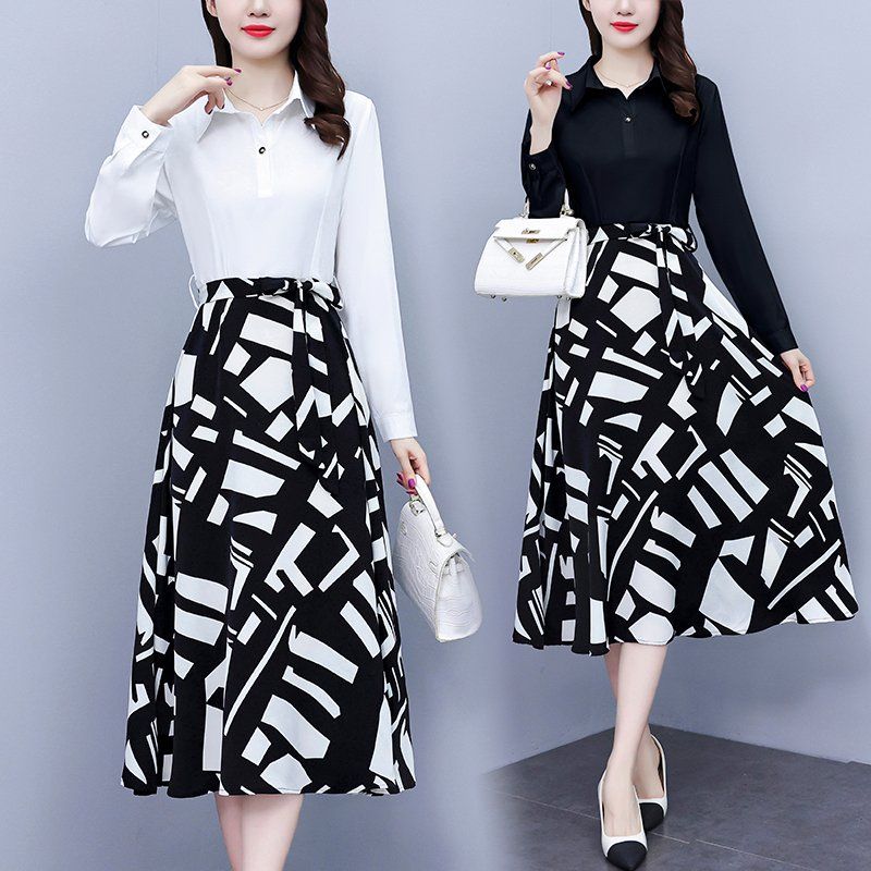 블랙 화이트 배색 셔츠카라 긴팔 프린트 미디 A라인원피스 슬림핏 빅사이즈 봄가을 오피스룩 - 상세 이미지 3