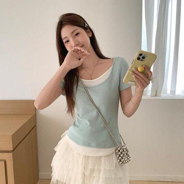 봄 여름 여성 슬림핏 U넥 페이크레이어드 골지 반팔 티셔츠 면혼방 마카롱컬러 데일리룩 - 상품 이미지