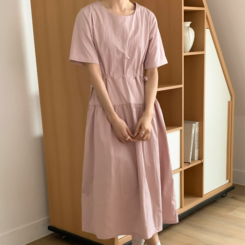 바스락 원피스 오버핏 리본 허리 스트링 여름 롱원피스 휴양지 핑크 블랙 베이지