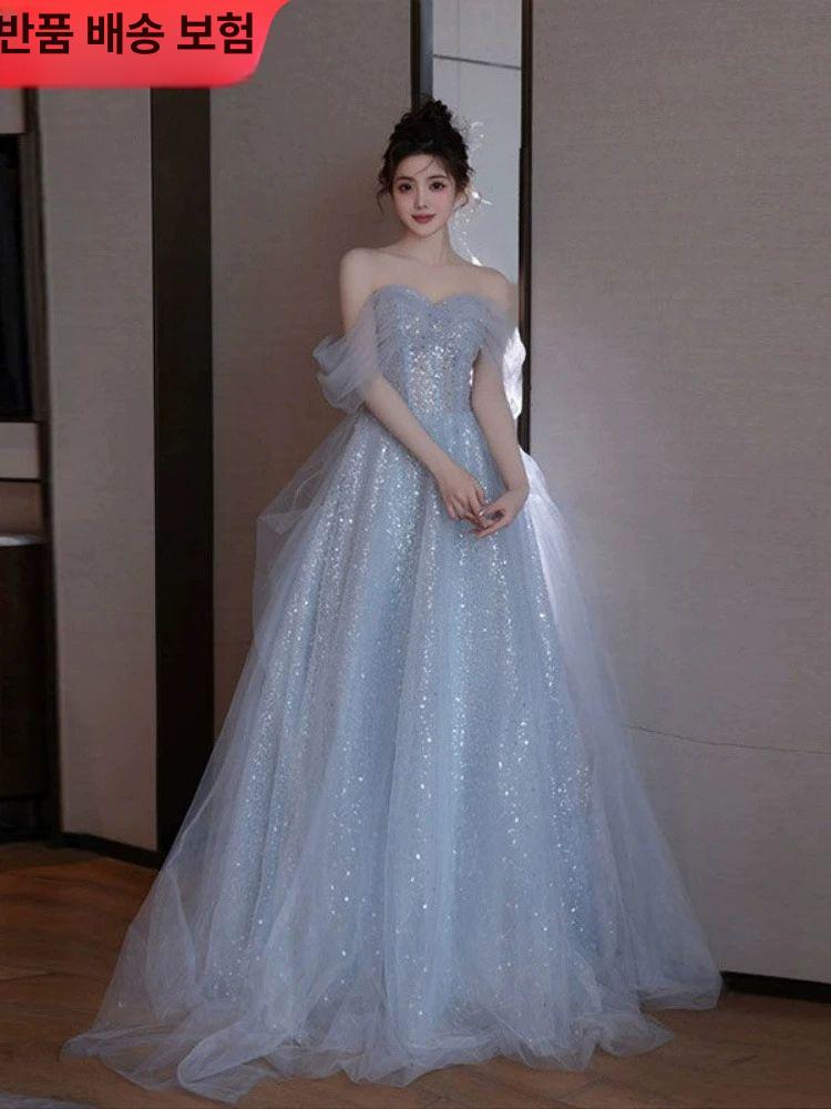 이브닝 드레스 무대의상 원피스 웨딩 성악 반짝이 콩쿨 이미지 색상 XS - 상세 이미지 3