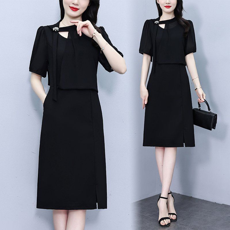 블랙 랩 플레어 V넥 반팔 미디 A라인원피스 셔링 빅사이즈 여름 우아한 데일리 오피스룩 - 상품 이미지