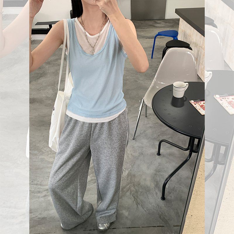 봄 여름 여성 루즈핏 U넥 페이크레이어드 민소매 나시 티셔츠 텐셀 혼방 데일리룩 캐주얼룩 - 상세 이미지 3