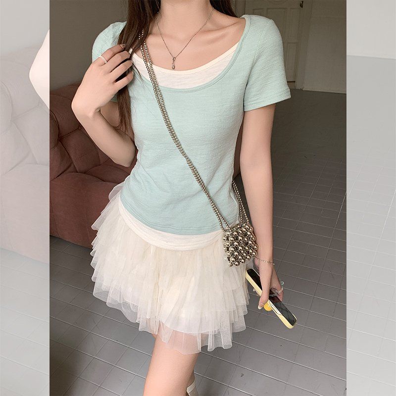 봄 여름 여성 슬림핏 U넥 페이크레이어드 골지 반팔 티셔츠 면혼방 마카롱컬러 데일리룩 - 상세 이미지 5