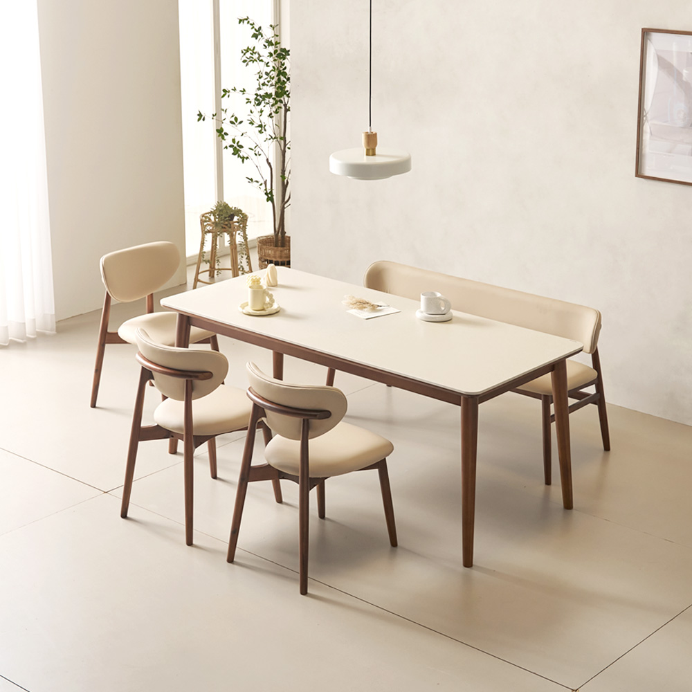 마드리 6인용 원목 세라믹식탁 세트 포세린 오트밀 상판 테이블 식탁+의자3+벤치1, 1800mm, 월넛