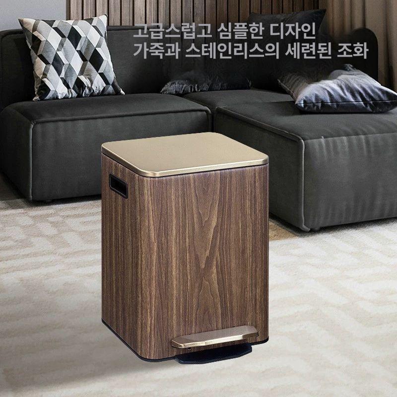 나무패턴 쓰레기통 철제 대용량 누르는 레버 카페 9L 대리석무늬 흰색 - 상세 이미지 2