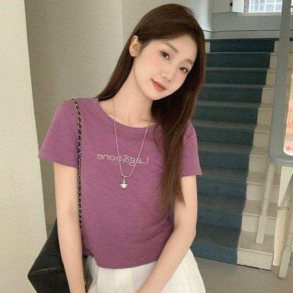 캐주얼룩 여성 봄 여름 슬림핏 반팔 티셔츠 라운드넥 핫픽스 레터링 코튼 데일리룩 - 상품 이미지