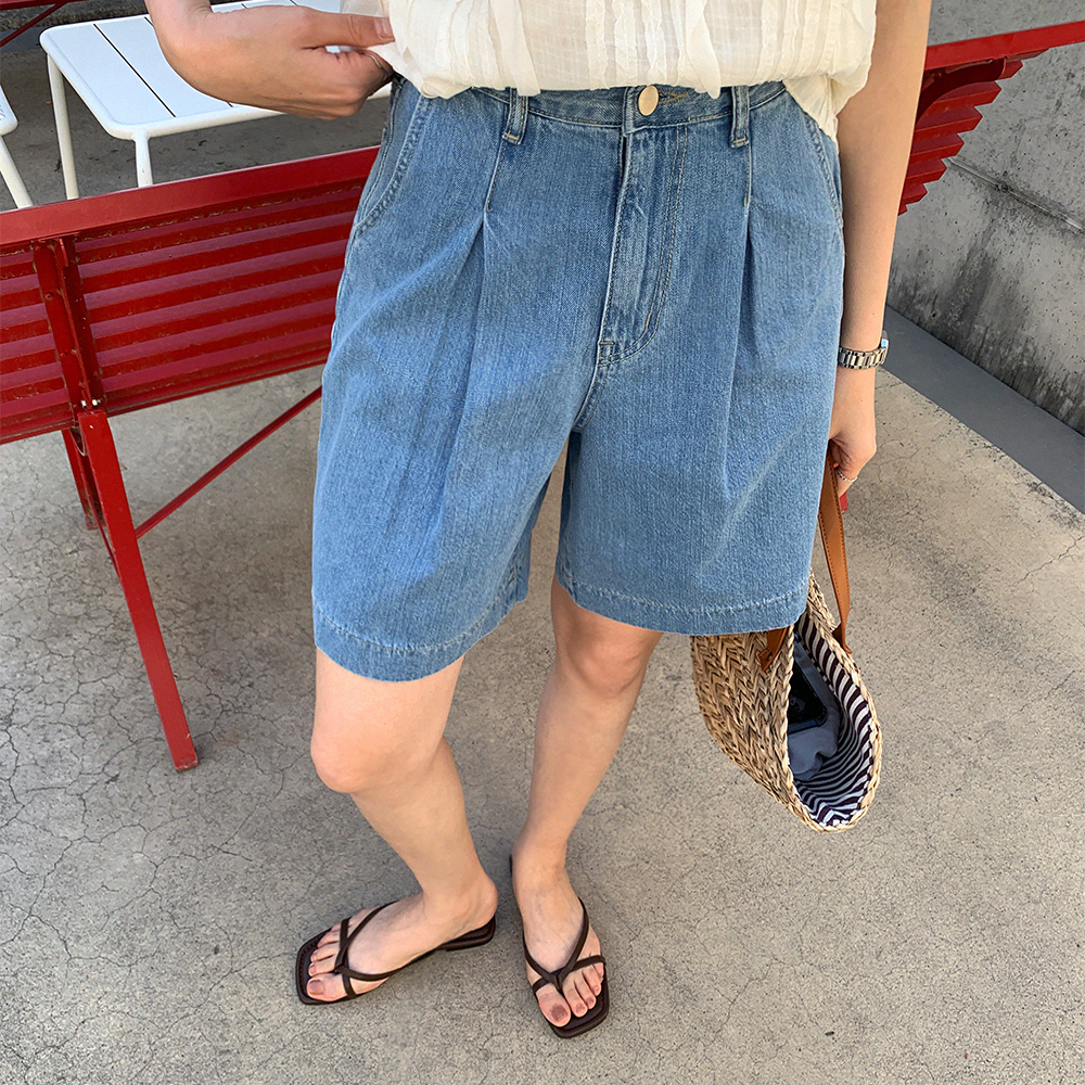 플라티 뒷밴딩 데님 반바지 - 상품 이미지