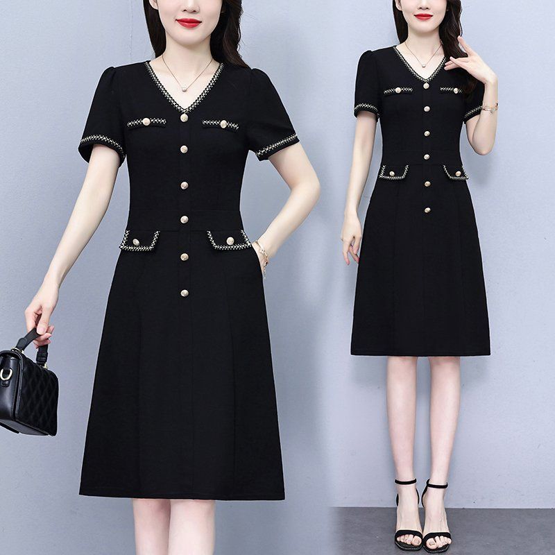 블랙 케이프 미디 A라인 쉬폰원피스 라운드넥 빅사이즈 여름 우아한 데일리 오피스룩 - 상품 이미지