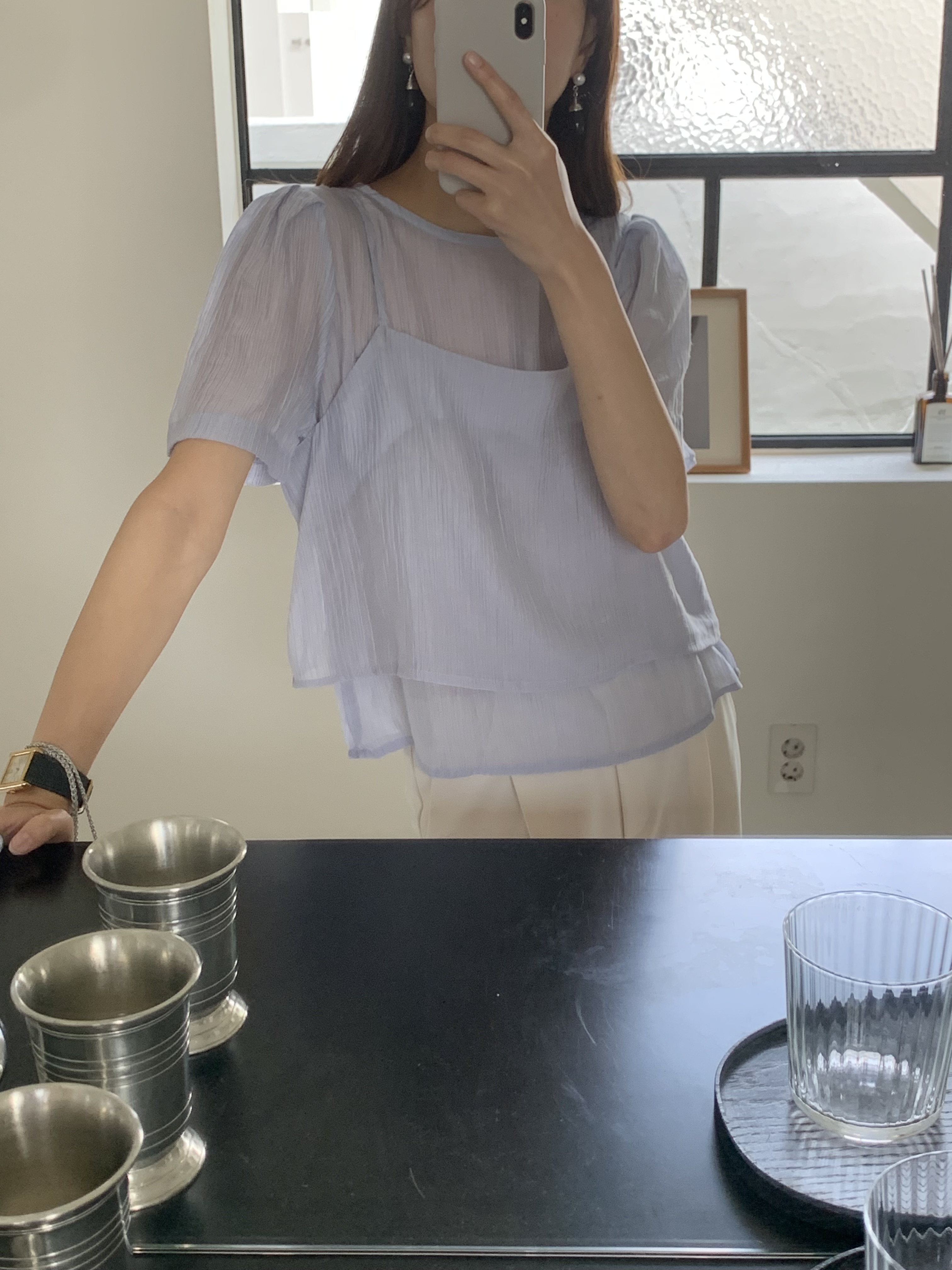 엘라이 여성 여름 라운드넥 레이어드 뷔스티에 하객룩 블라우스 세트 - 상세 이미지 4