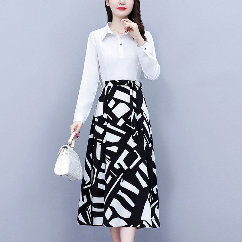 블랙 화이트 배색 셔츠카라 긴팔 프린트 미디 A라인원피스 슬림핏 빅사이즈 봄가을 오피스룩 - 상세 이미지 4