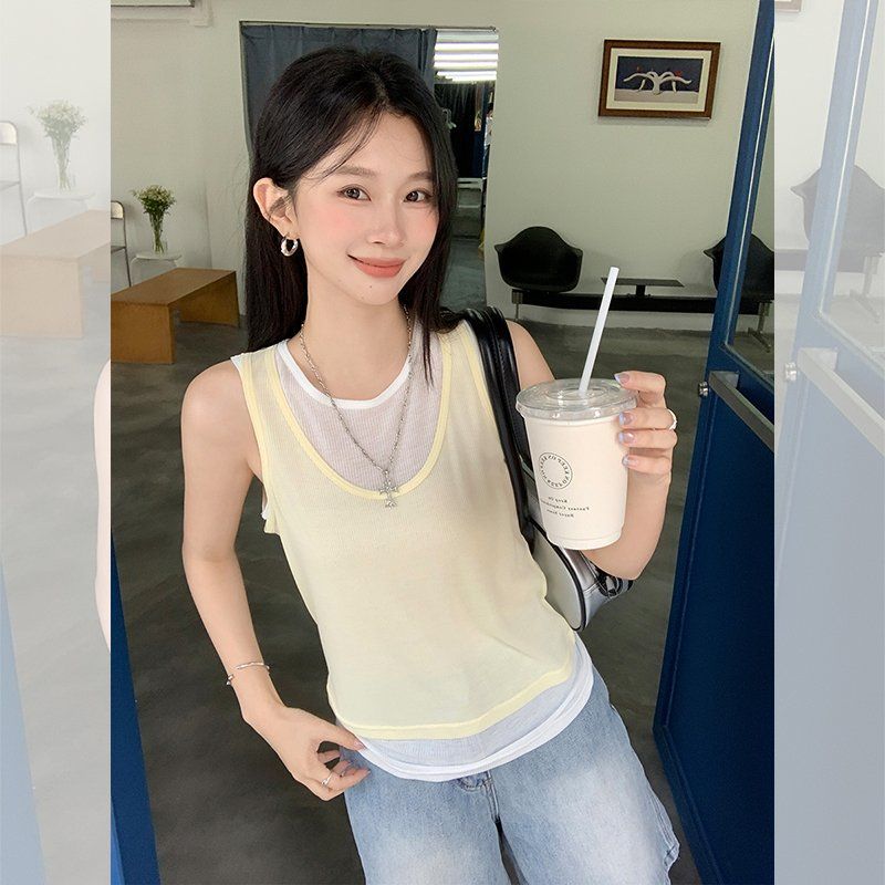 봄 여름 여성 루즈핏 U넥 페이크레이어드 민소매 나시 티셔츠 텐셀 혼방 데일리룩 캐주얼룩 - 상세 이미지 4